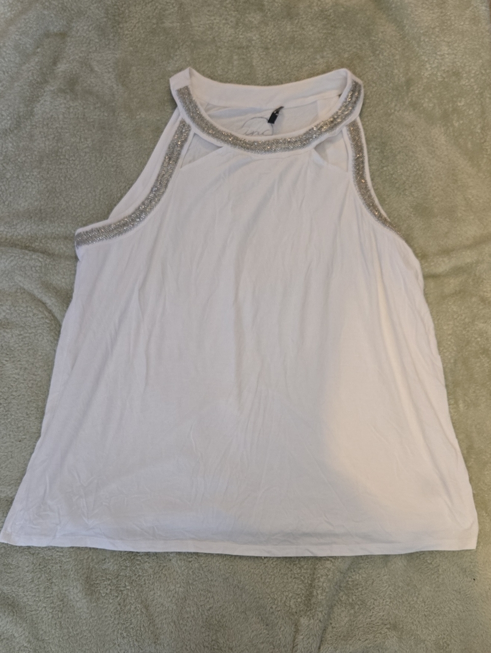INC International Concepts White Halter Tank with Silver Bead Trim